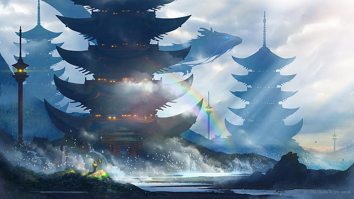 video game illustration, castle, dragon, artwork, pagoda, Chinese architecture