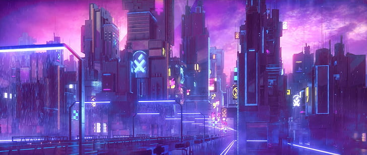 city animated digital wallpaper, cyberpunk, neon, night, building exterior