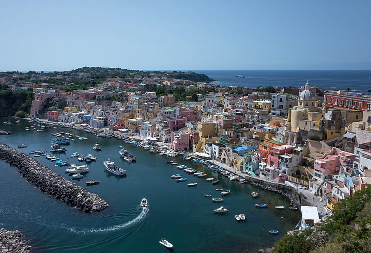 sea, coast, building, Bay, boats, port, Italy, promenade, Campania, HD wallpaper