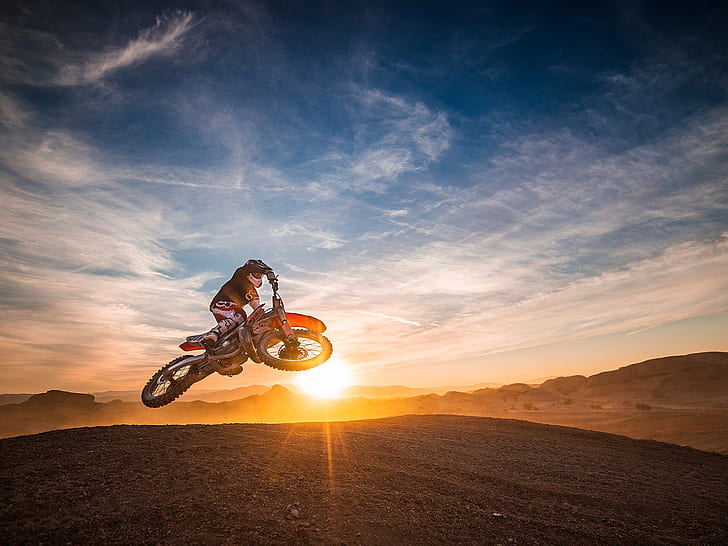 Motorcycle race, sports, jump, sunset