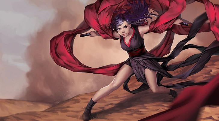 purple haired game character, warrior, artwork, fantasy art, women