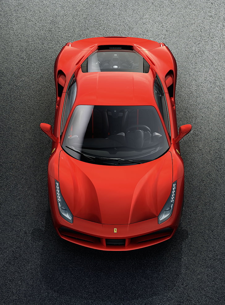 ferrari 488 gtb, top view, red, supercar, cars, Vehicle, mode of transportation, HD wallpaper