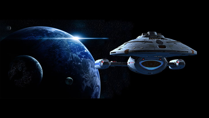 white and brown spaceship, Star Trek, planet, Star Trek Voyager