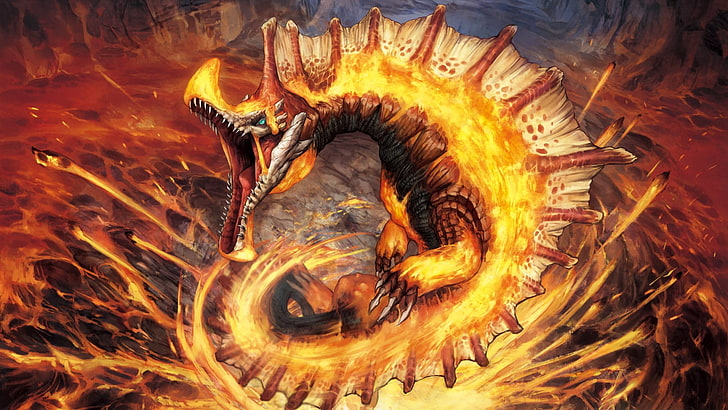 dragon illustration, Monster Hunter, Agnaktor, fire, burning