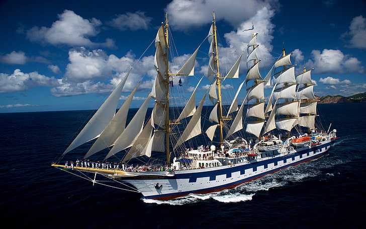 Royal Clipper Full Sail Hirez, nautical vessel, water, cloud - sky