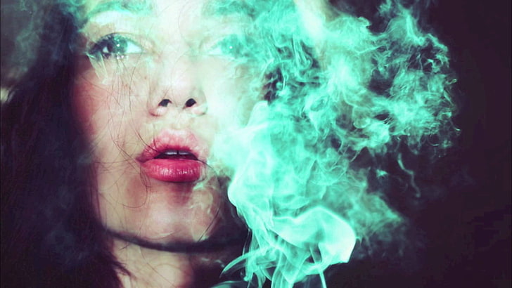 women, face, smoke, blue smoke, colored smoke, open mouth, looking away