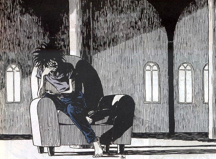 sitting man illustration, Comics, The Sandman, architecture, one person
