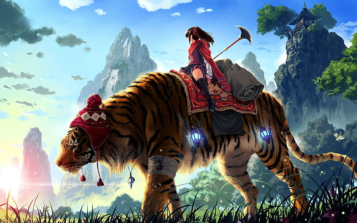 tiger, anime girls, fantasy art, creature