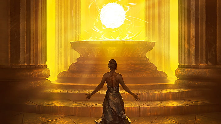 woman painting, pillar, yellow, Born of the Gods, Magic: The Gathering, HD wallpaper