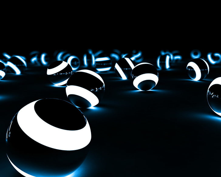 balls, digital art, render, dark, CGI, blue, illuminated, close-up, HD wallpaper