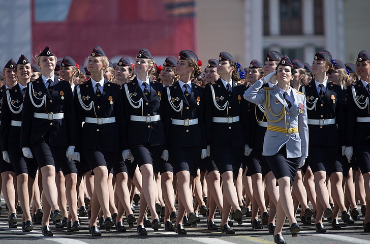 women's black military suit, girls, holiday, victory day, parade, HD wallpaper