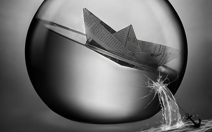 monochrome, artwork, paper boats, water, sphere, broken glass