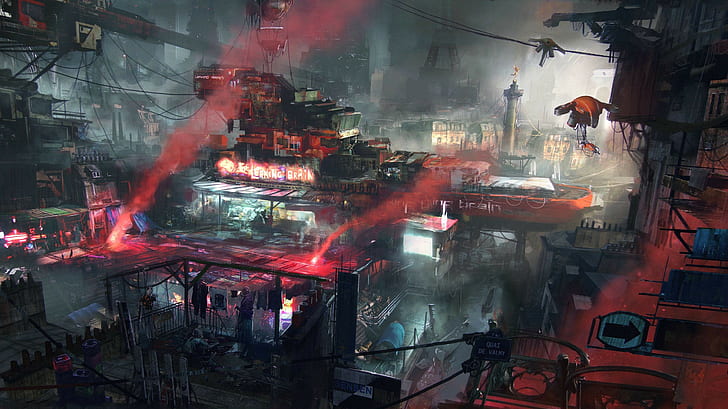machine, environment, cyberpunk, urban, red, war, futuristic city