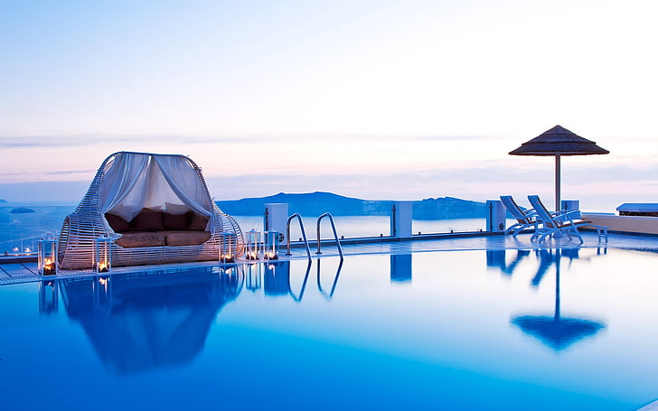 infinity pool, swimming pool, Greece, water, evening, hills, landscape, HD wallpaper
