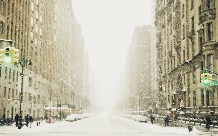 winter, snow, the city, street, traffic light, megapolis, HD wallpaper