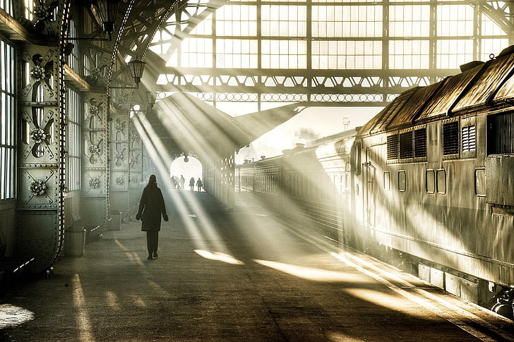 gray steel train, train station, real people, motion, architecture