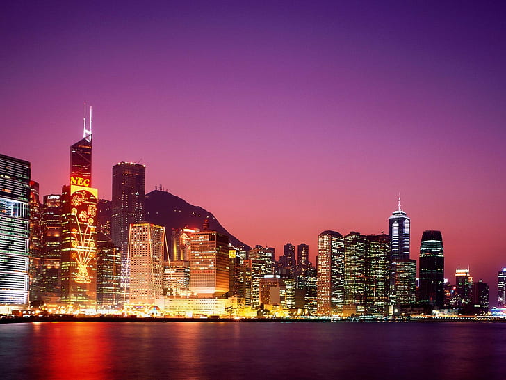 landscape, city, city lights, night, purple sky, Hong Kong, HD wallpaper