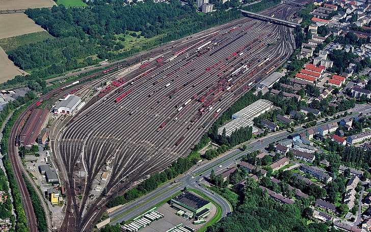 asphalt road, train, rail yard, city, aerial view, high angle view