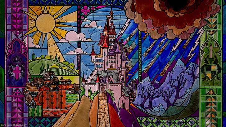 Beauty and the Beast Stained Glass Castle Disney HD, cartoon/comic, HD wallpaper