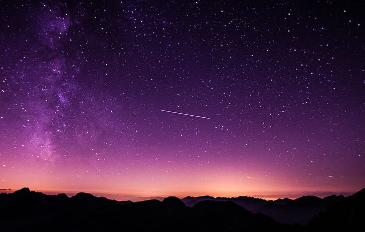 Starry sky, Night, Purple sky, Twilight, Mountains, HD