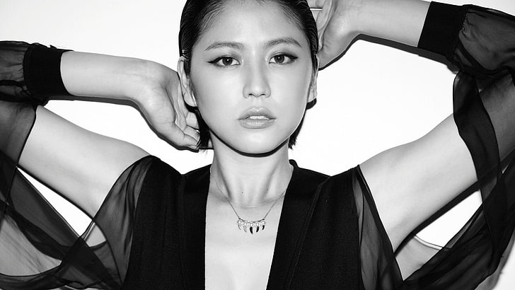 Masami Nagasawa, arms up, Asian, monochrome, necklace, black clothing