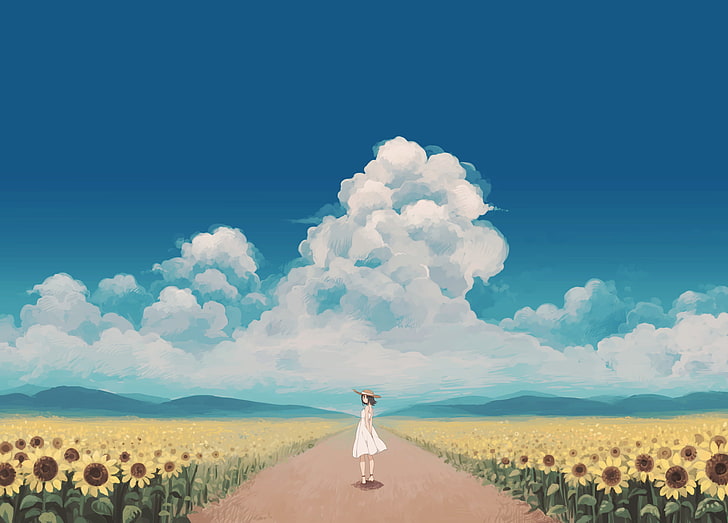 sunflowers, anime girls, dress, sky, clouds, original characters