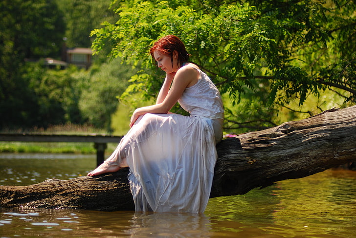 redhead, women, water, adult, young adult, one person, dress, HD wallpaper