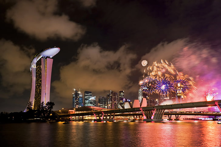 Marina Bay Sand, singapore, holiday, fireworks, bridge, night, HD wallpaper