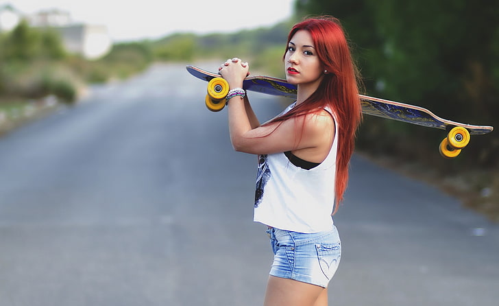 women, redhead, road, skateboard, jean shorts, one person, young adult, HD wallpaper