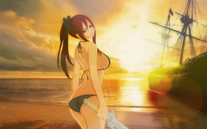 Erza Scarlet, Fairy Tail, Scarlet Erza, sky, sea, water, sunset
