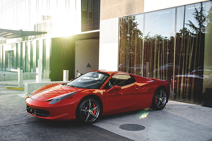red Ferrari 458 Italia coupe, spyder, side view, car, land Vehicle