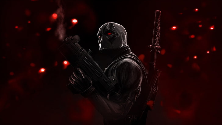 male character digital wallpaper, Deadpool, mask, weapon, sword
