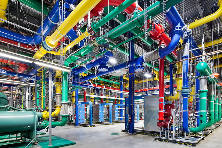 blue, green, and yellow plastic toy, Google, data center, colorful