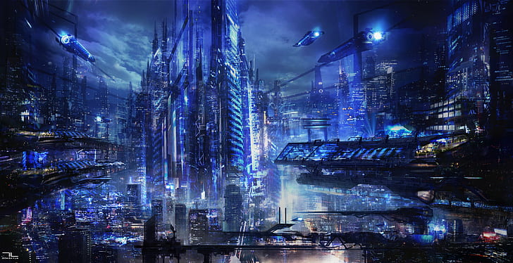 blue, Art, amazing, Fantasy, transportation, future, city, HD wallpaper