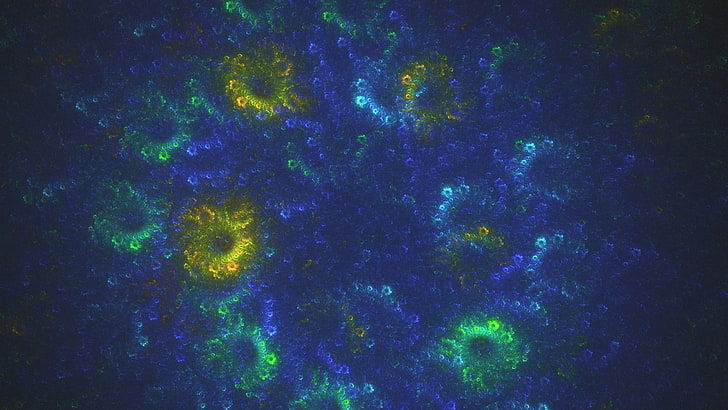 blue, green, and yellow color powder, abstract, fractal, space