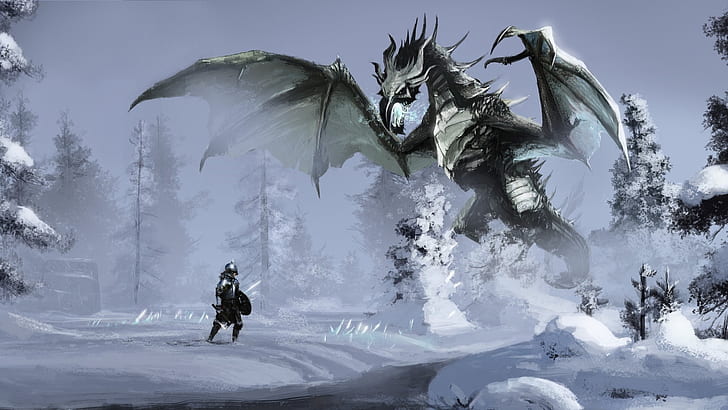 Knight Medieval Drawing Dragon Snow HD, knight in front of black and green winter wyvern dragon during snow