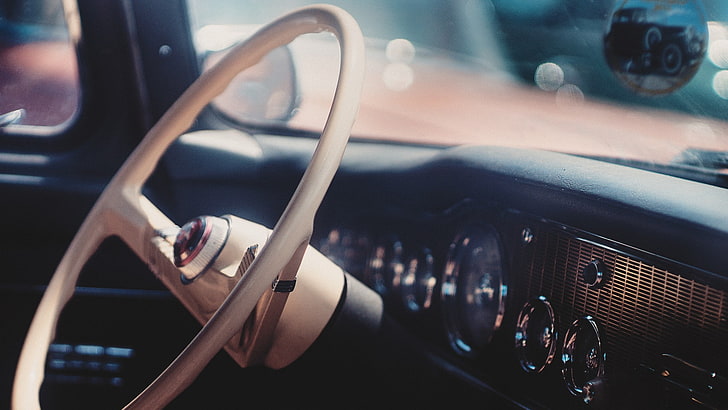vintage, car, steering wheel, car interior, transportation
