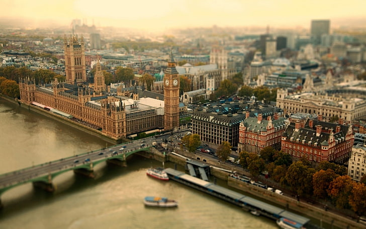 aerial photography of Big Ben, London, tilt shift, river, cityscape