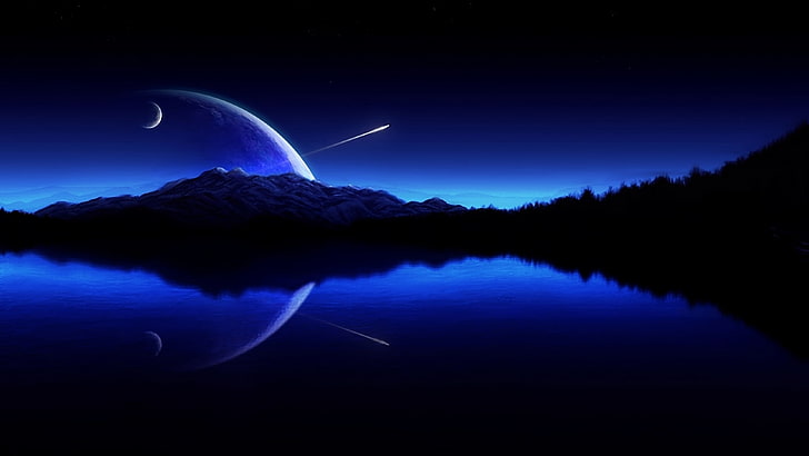 water blue night lakes sillhouette 1600x900  Nature Lakes HD Art
