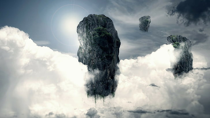 abstract, sky, fantasy art, nature, rock, clouds, floating, HD wallpaper