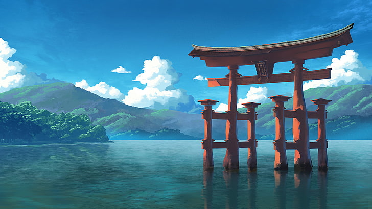 tori gate digital wallpaper, shrine, water, mountains, clouds