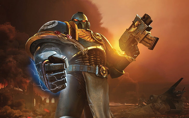 robot character holding firearm graphic artwork, Warhammer 40,000, HD wallpaper