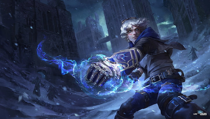 gray hair male anime character, League of Legends, Ezreal, architecture