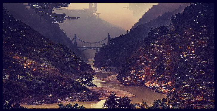 village with river, artwork, concept art, science fiction, futuristic city