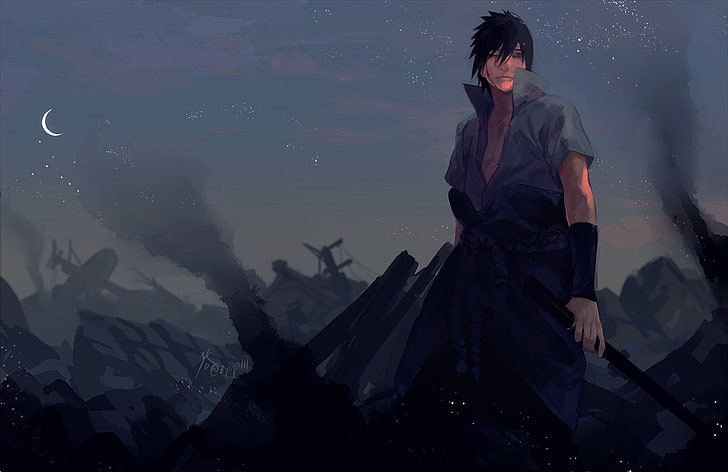 uchiha sasuke, naruto, crescent, sword, Anime, one person, real people, HD wallpaper