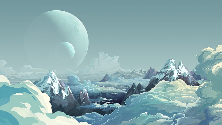 snow capped mountains wallpaper, artwork, illustration, sky, digital art