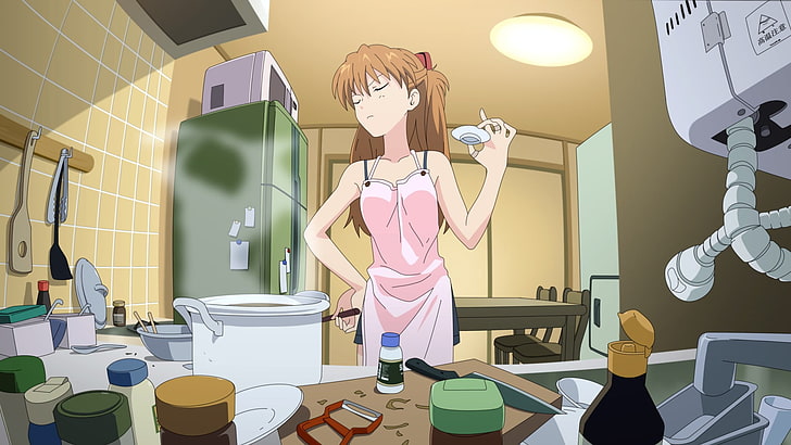 Asuka Langley Soryu, Neon Genesis Evangelion, anime girls, kitchen, HD wallpaper
