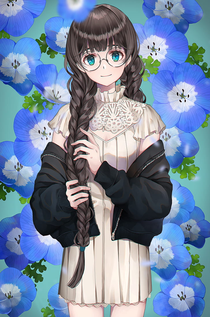 HD wallpaper: anime, anime girls, glasses, flowers, blue eyes, dark hair |  Wallpaper Flare