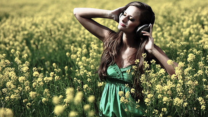 music, women outdoors, flowers, headphones, Rapeseed, green dress, HD wallpaper