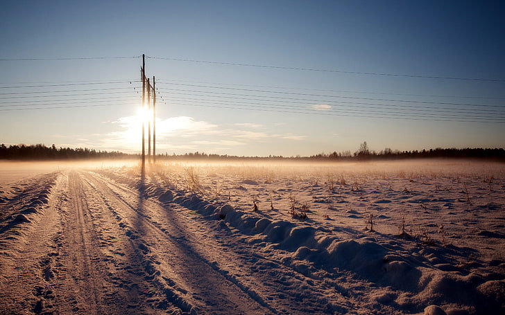 landscape, nature, snow, power lines, sunlight, field, sky, HD wallpaper